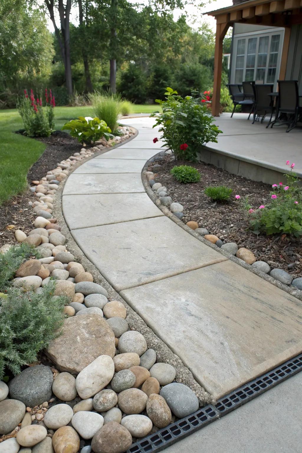 Pebble pathways introduce a natural and relaxed border to patios.