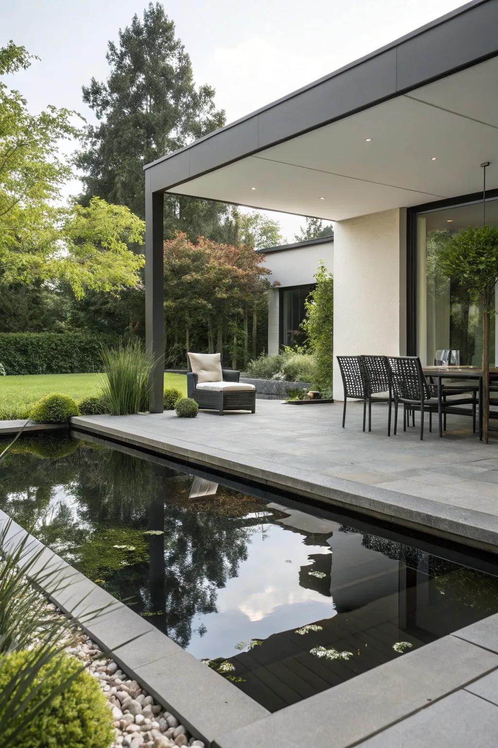 A reflecting pool contributes elegance and tranquility to a patio.