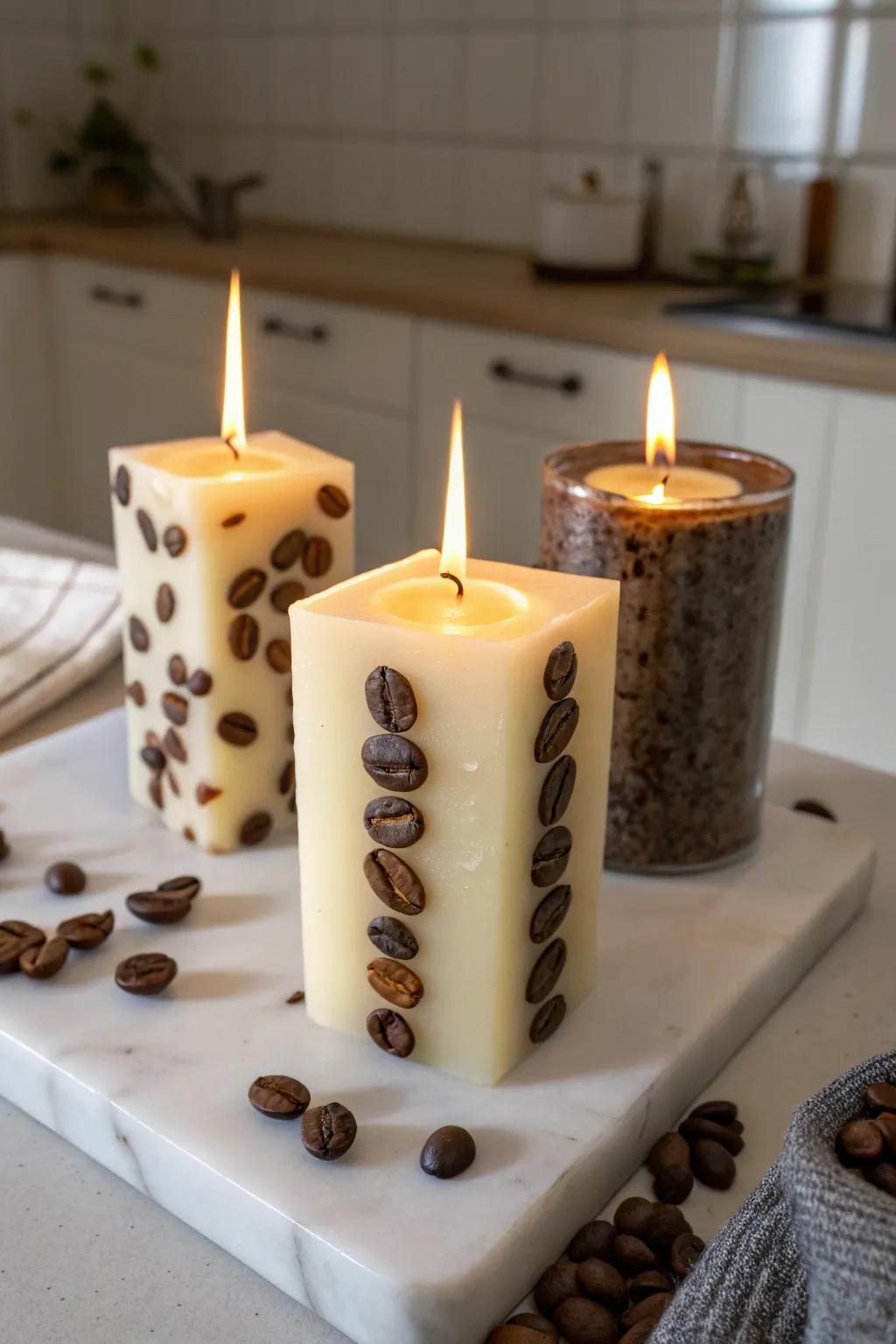 Coffee grain candles proffer a comforting, inviting fragrance.