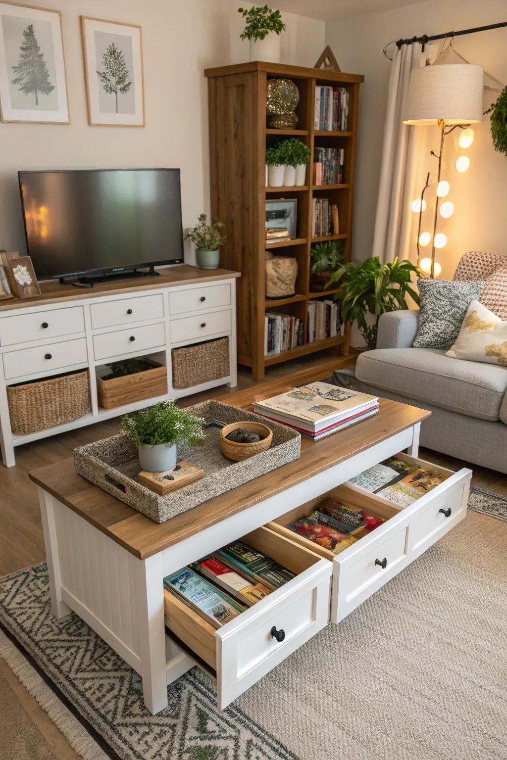 Ingenious storage solutions sustain an orderly and dapper living room.