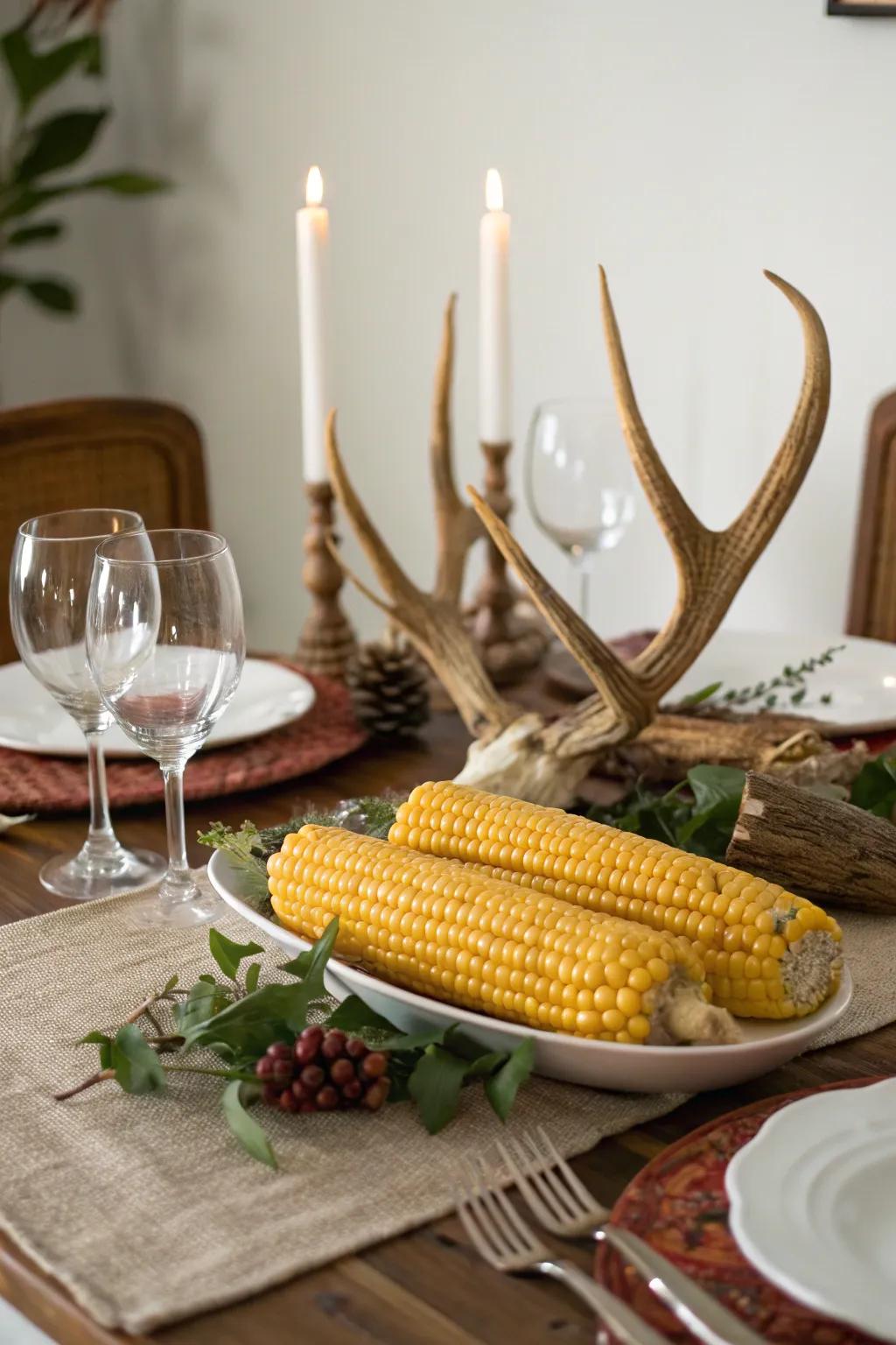 A rustic yet elegant tablescape with grain and antlers.