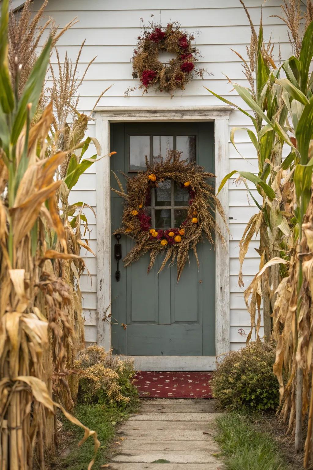 Celebrate the season with a cohesive corn stalk and wreath display.