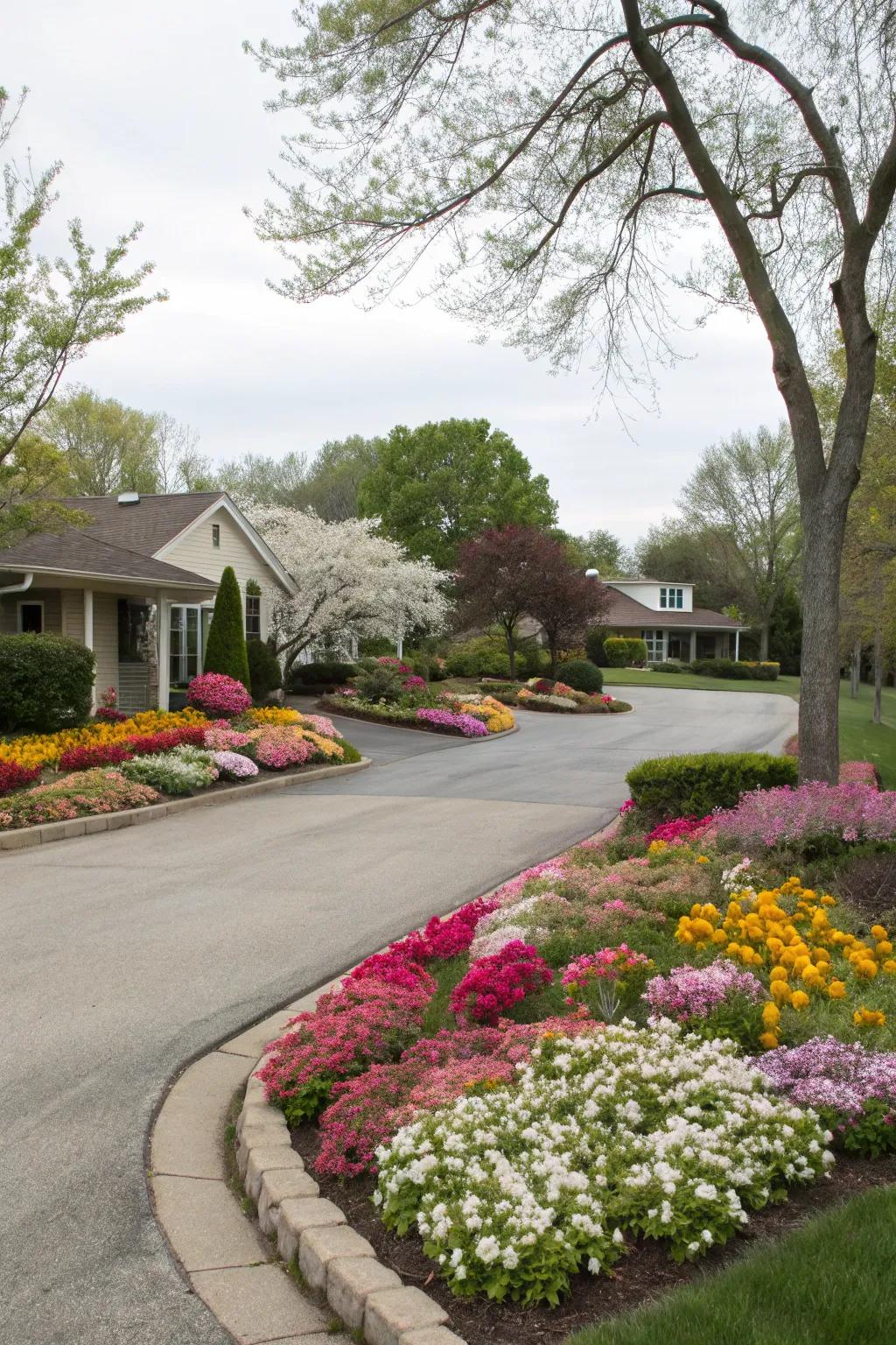 Seasonal flowers adding dynamic color to the driveway.
