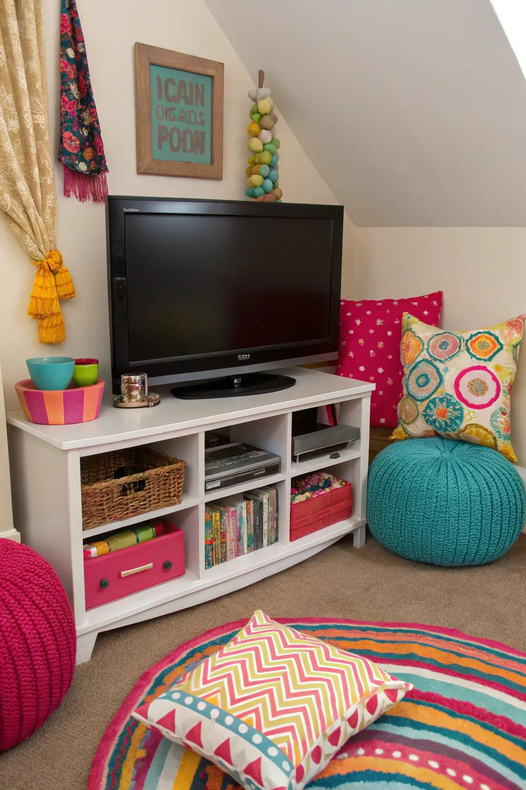 A splash of color breathes life into a corner TV area, making it a lively focal point.