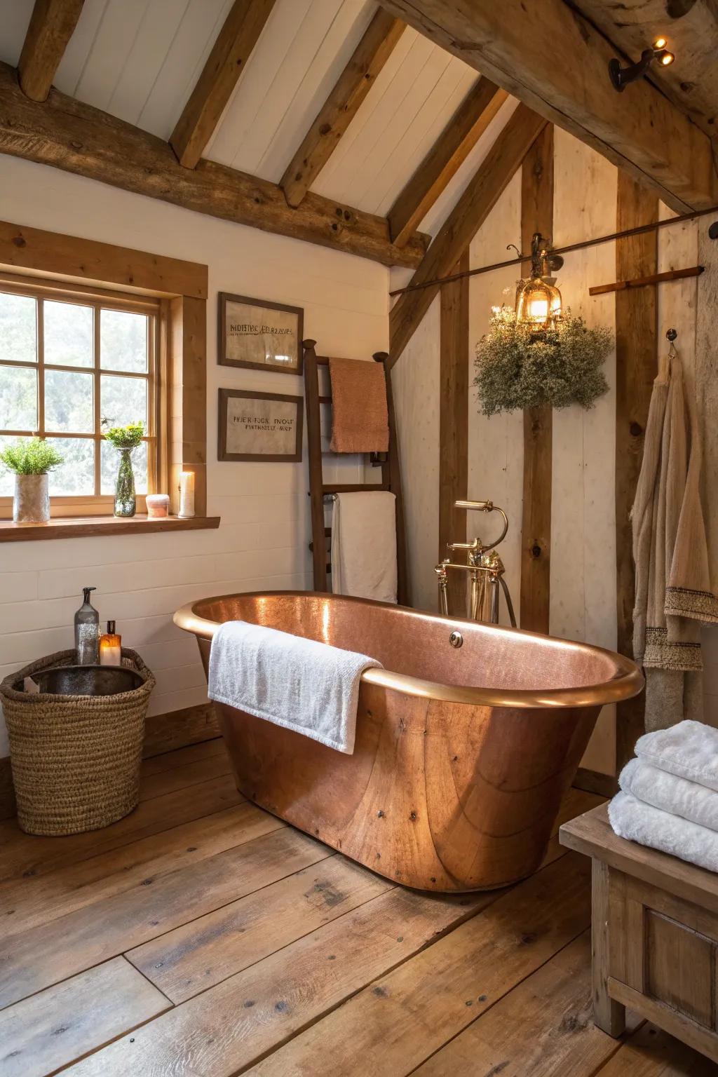 This country bathroom's focal point is a luxurious copper tub.