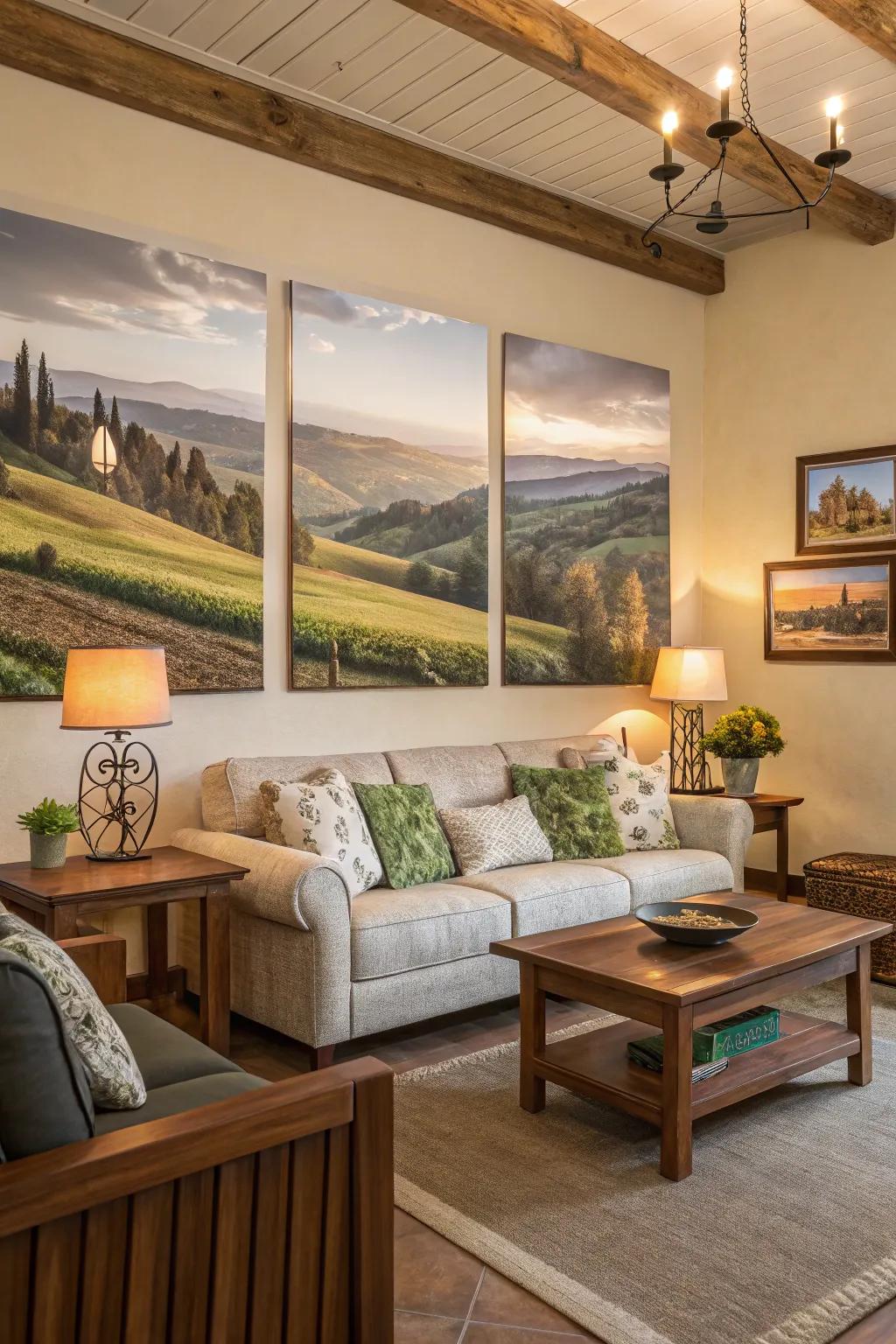 Countryside-themed art introduces the aesthetic of rural landscapes indoors.