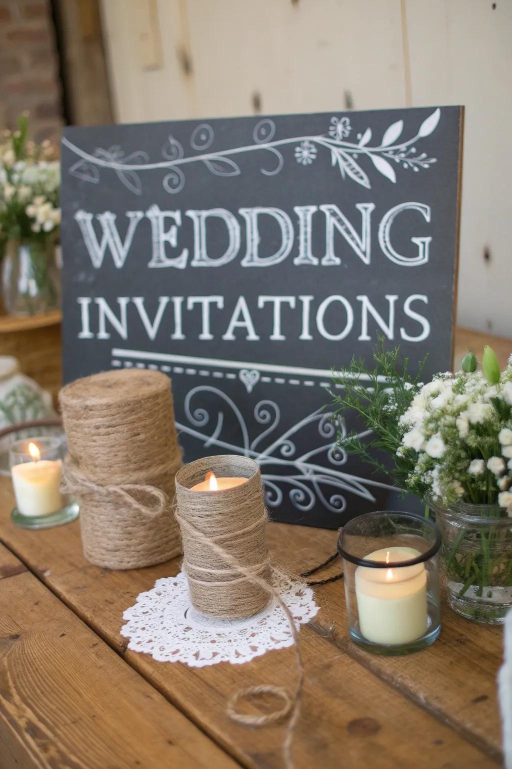 Rustic wedding communications showcasing a charming slateboard theme.