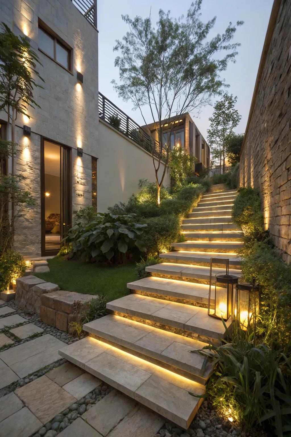 Step lighting enhances safety and atmosphere to courtyard stairs.
