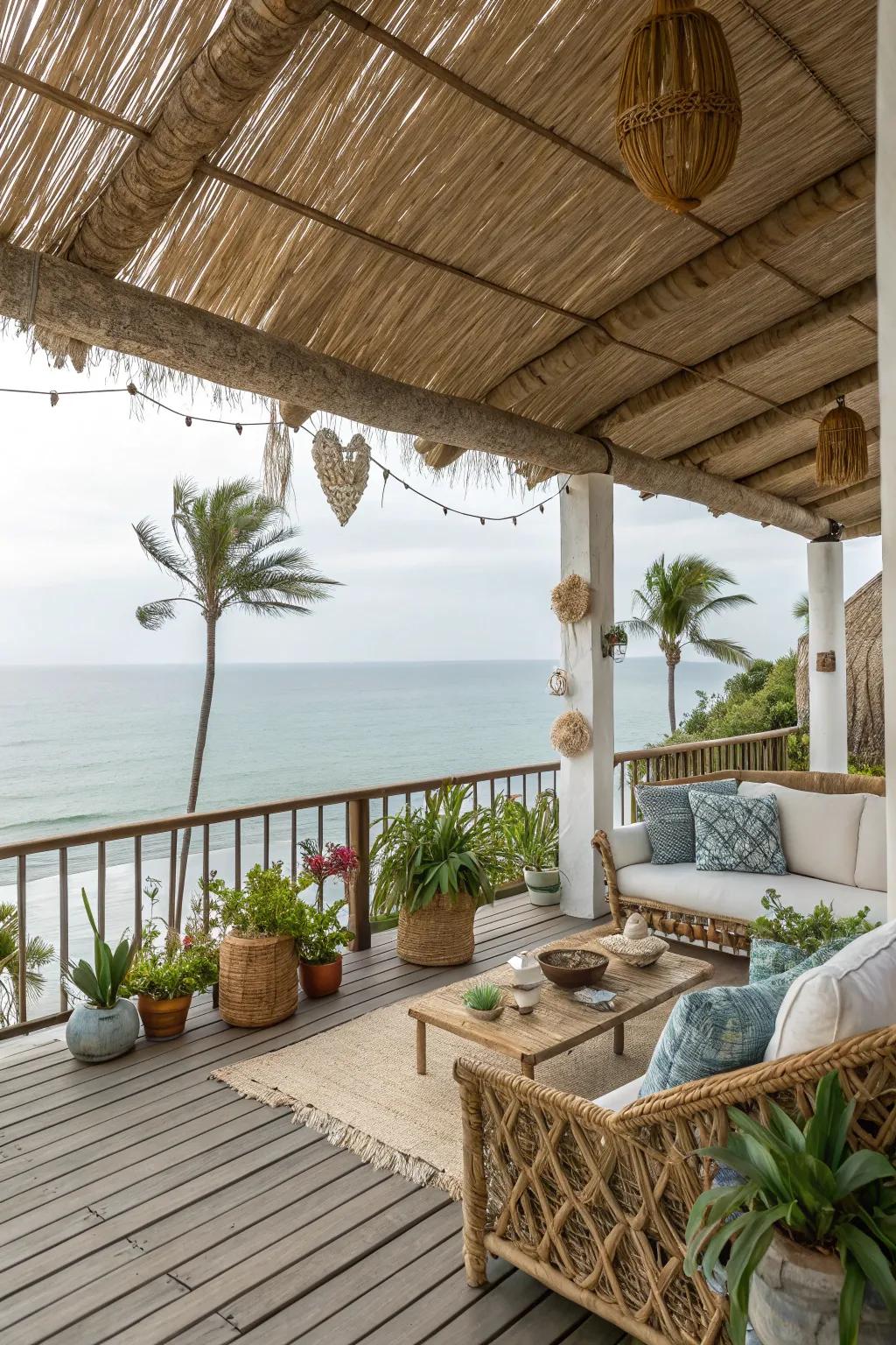 A relaxed cane-covered deck for a coastal ambiance.