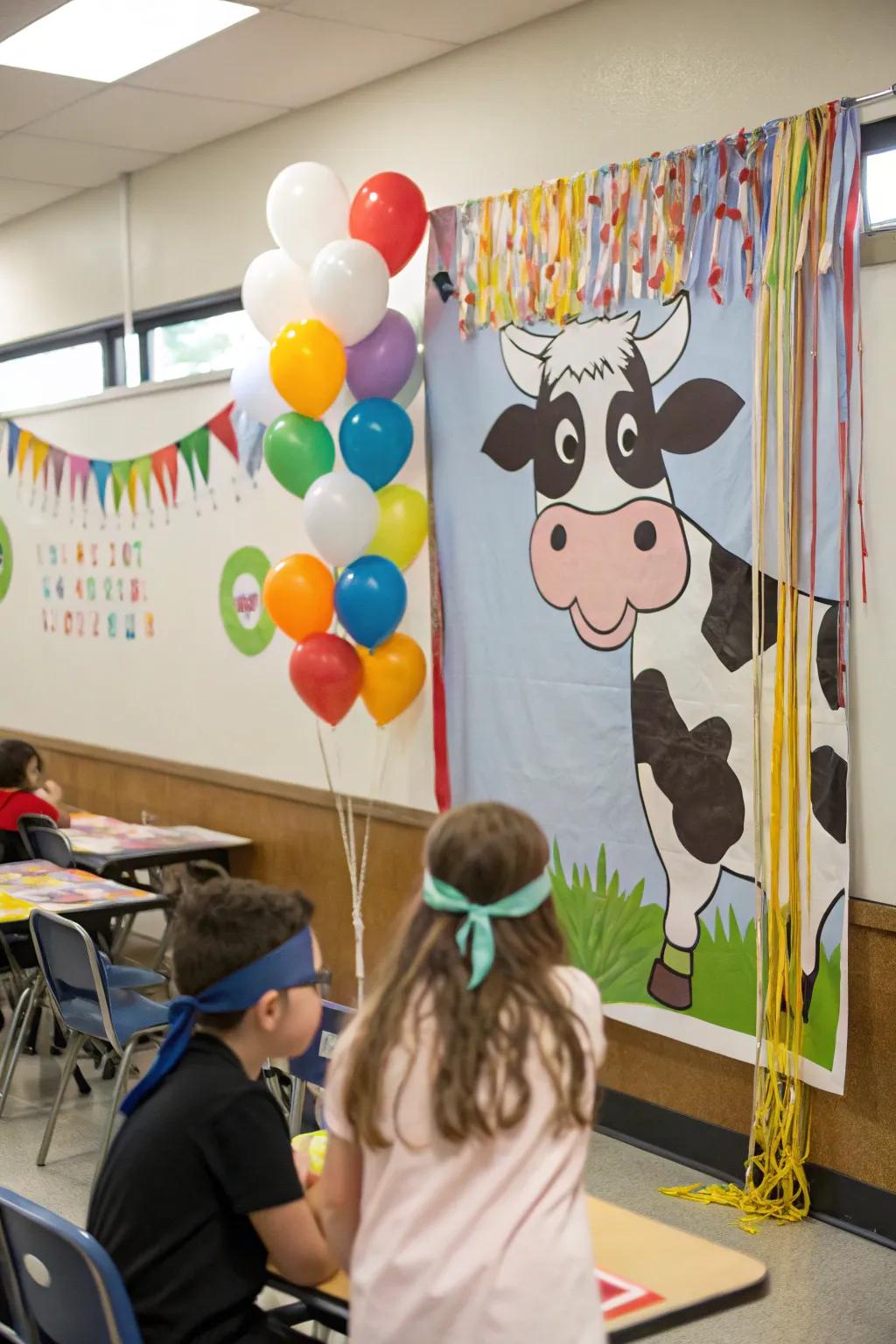 A 'Affix the Tail on the Cow' pastime setup for learning space amusement
