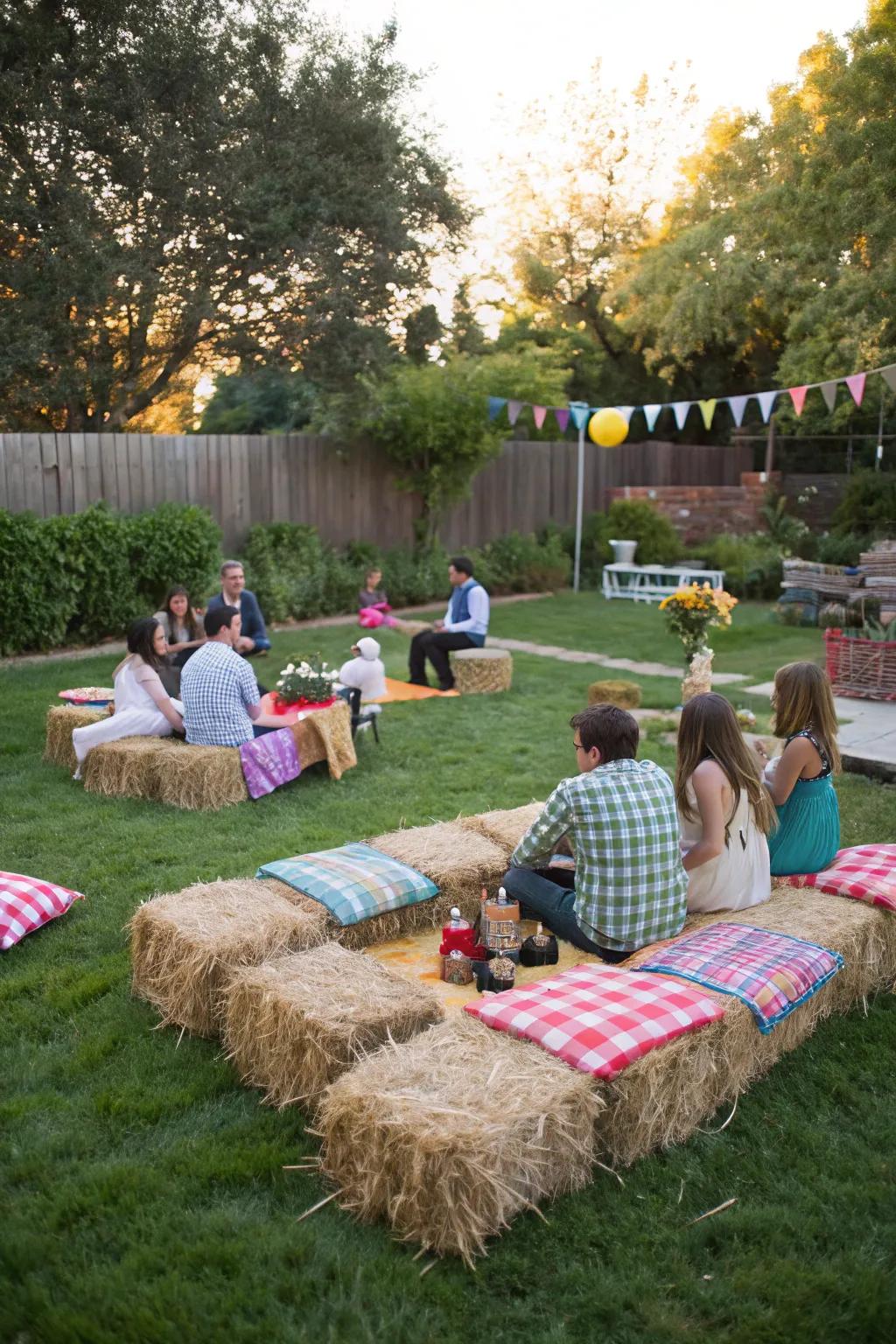 Create the scene using comfortable hay block seating.