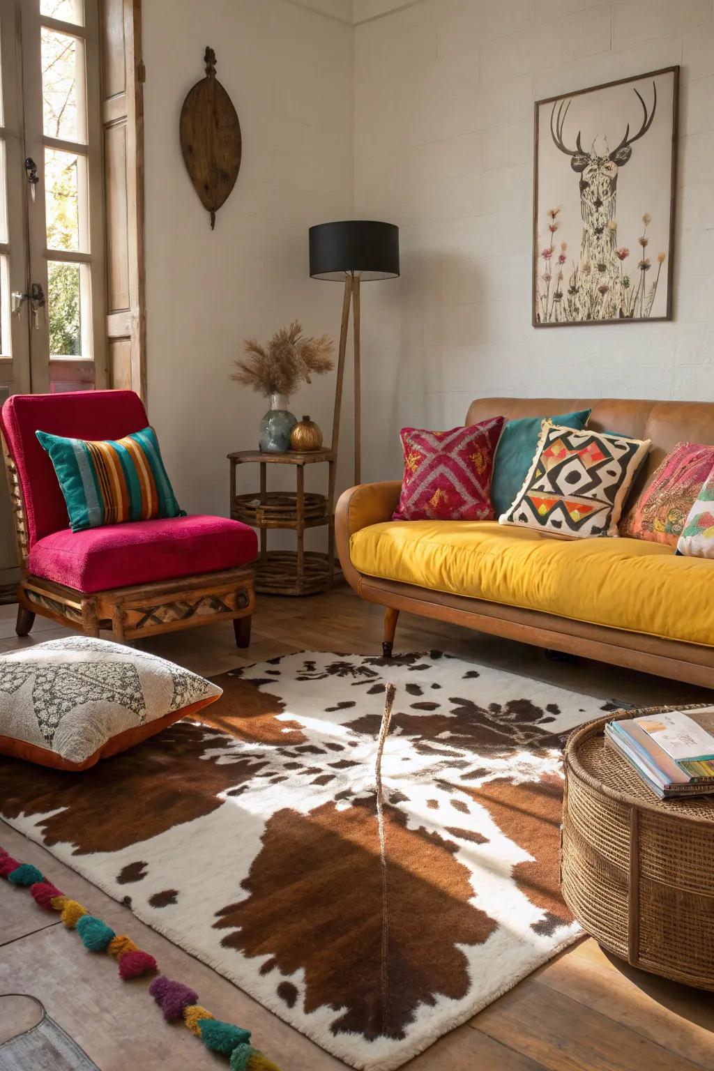 A room with a diverse colour palette enhanced by hide aesthetic.