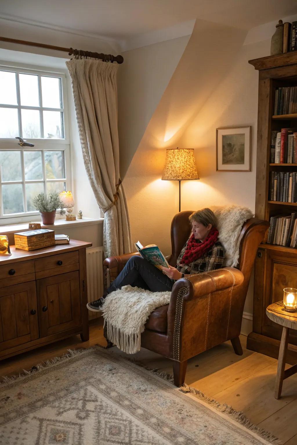 A cozy bedroom corner featuring a classic hide armchair.