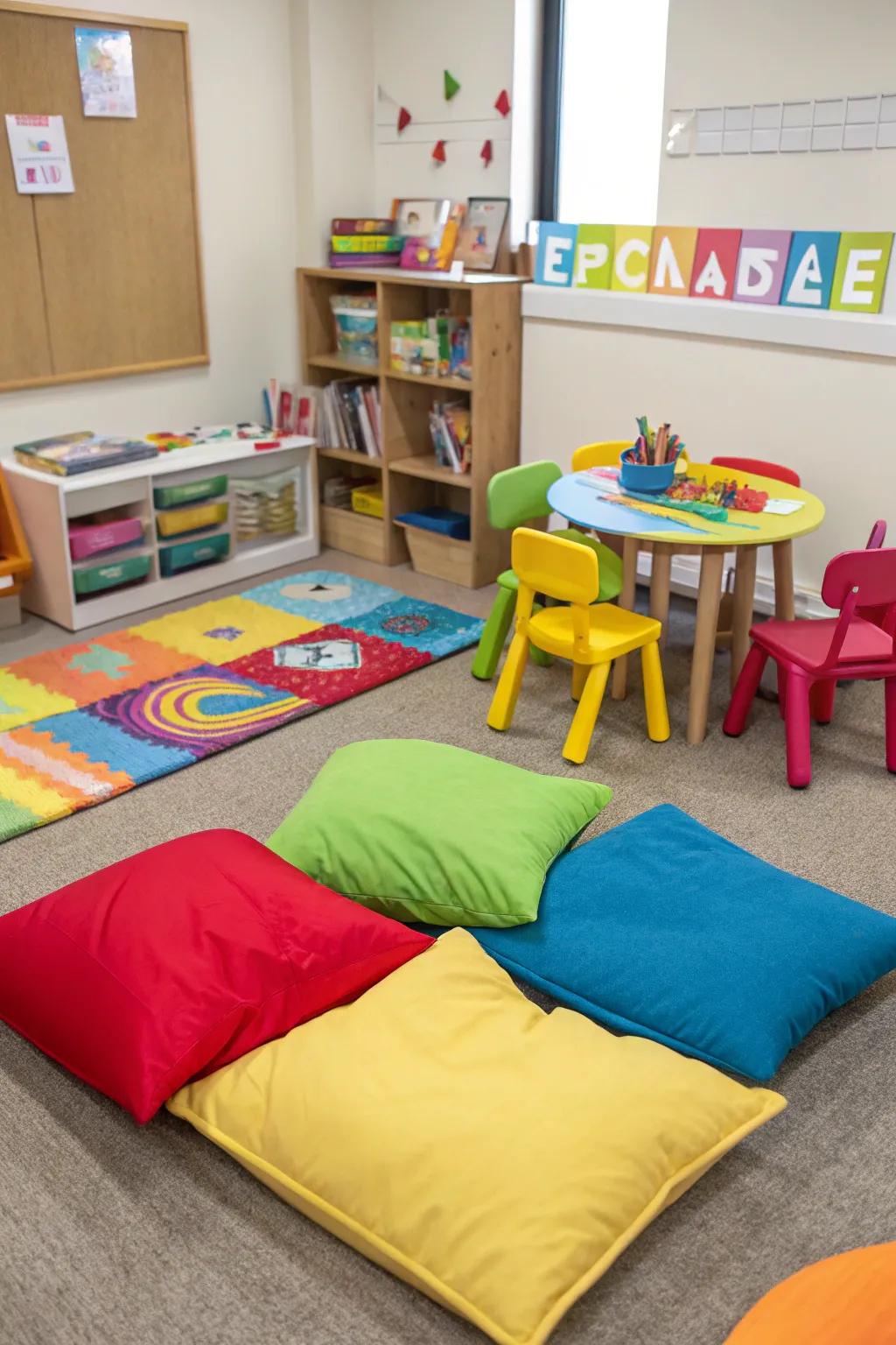 Vibrant floor pillows offer flexible and inviting seating.