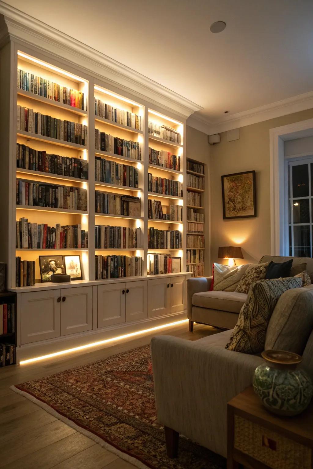 Illuminated bookshelves add a cozy radiance to your living space.