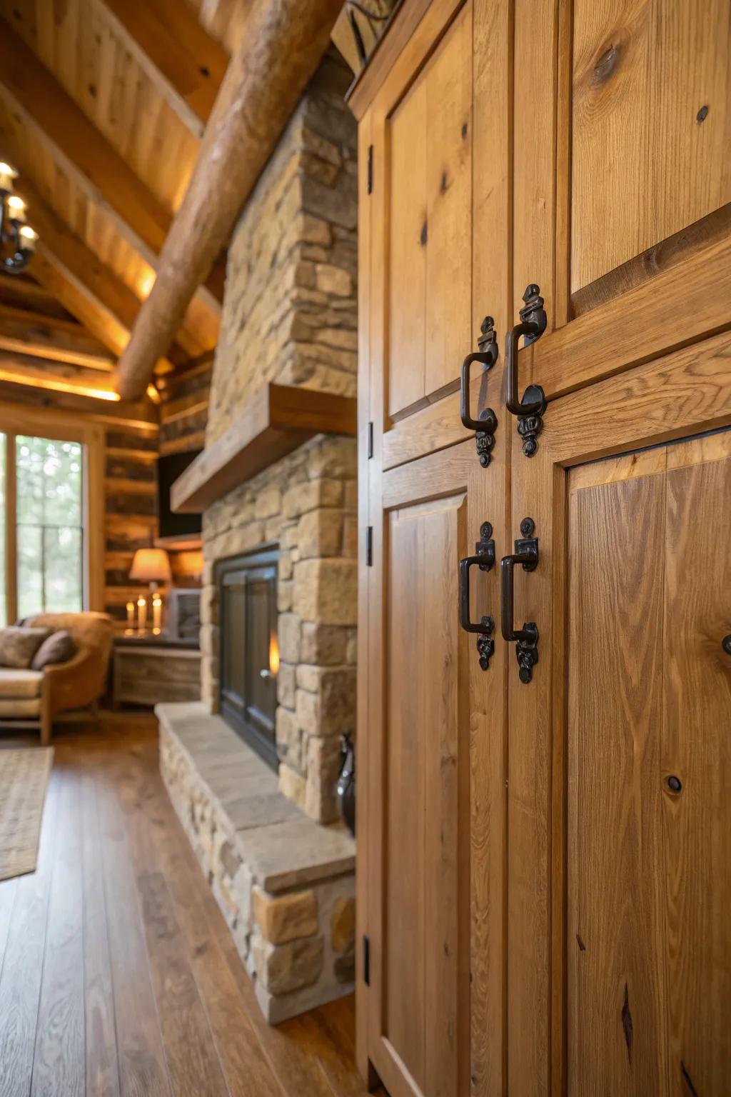 Forged iron fixtures add a sleek and cohesive look to the cabin.