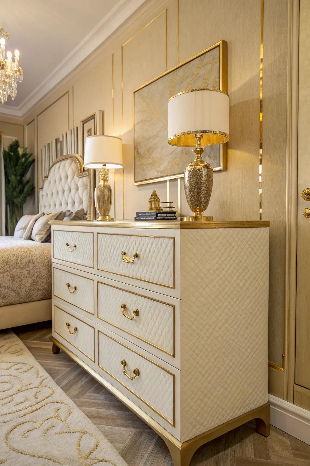 Golden hardware upgrades enhance the charm of bedroom furnishings.
