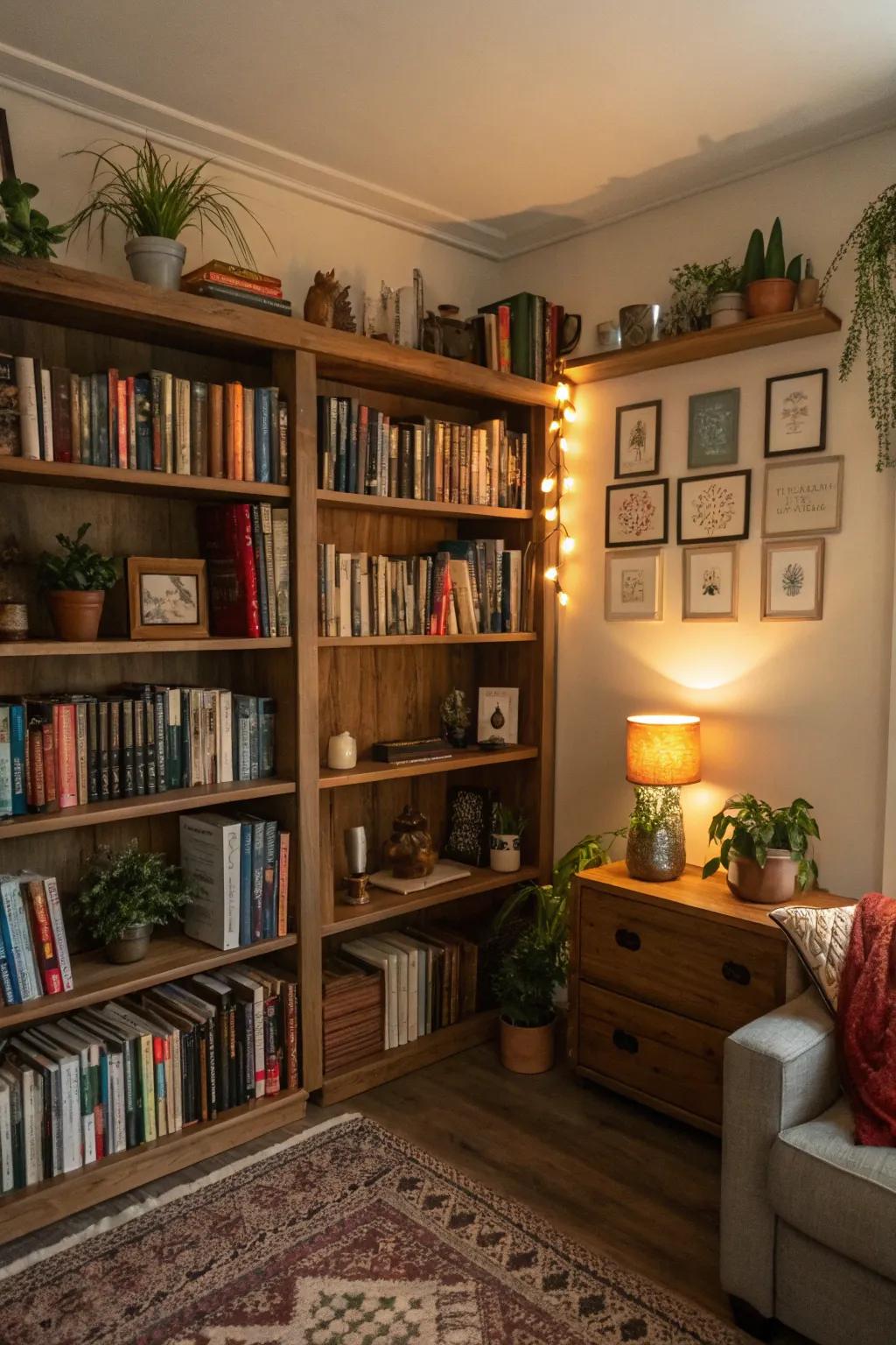Corner bookshelves capitalize on every inch of space.
