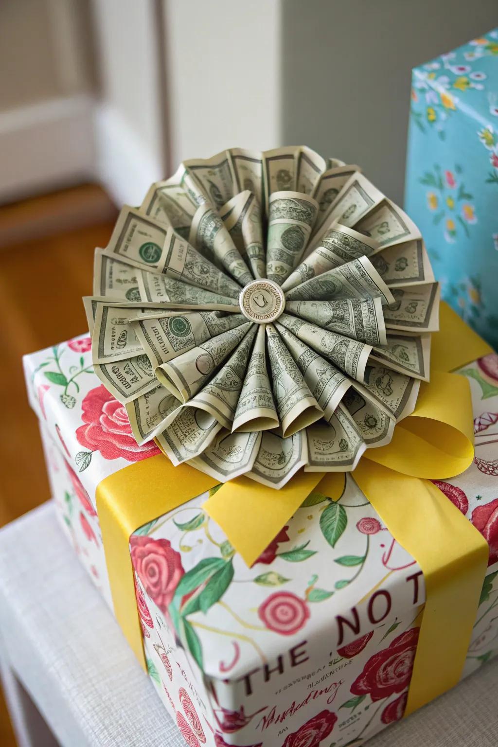 A currency rosette appends elegance to any offering.