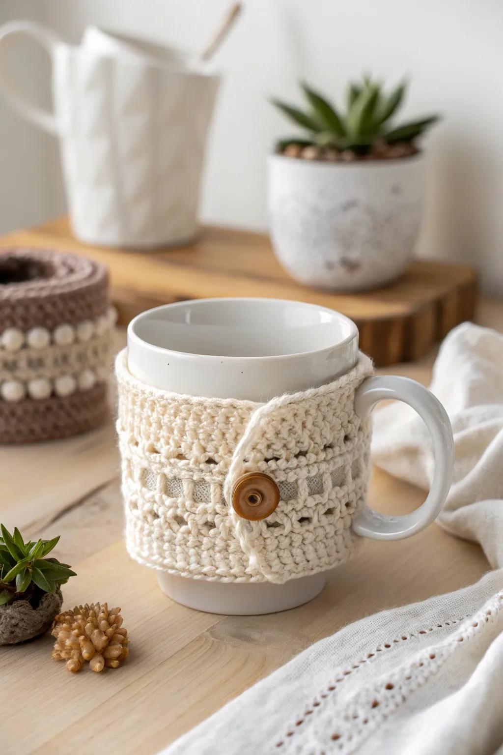 Enhance your coffee moments with a charming crochet mug cozy, mixing Scandinavian minimalism with boho flair.