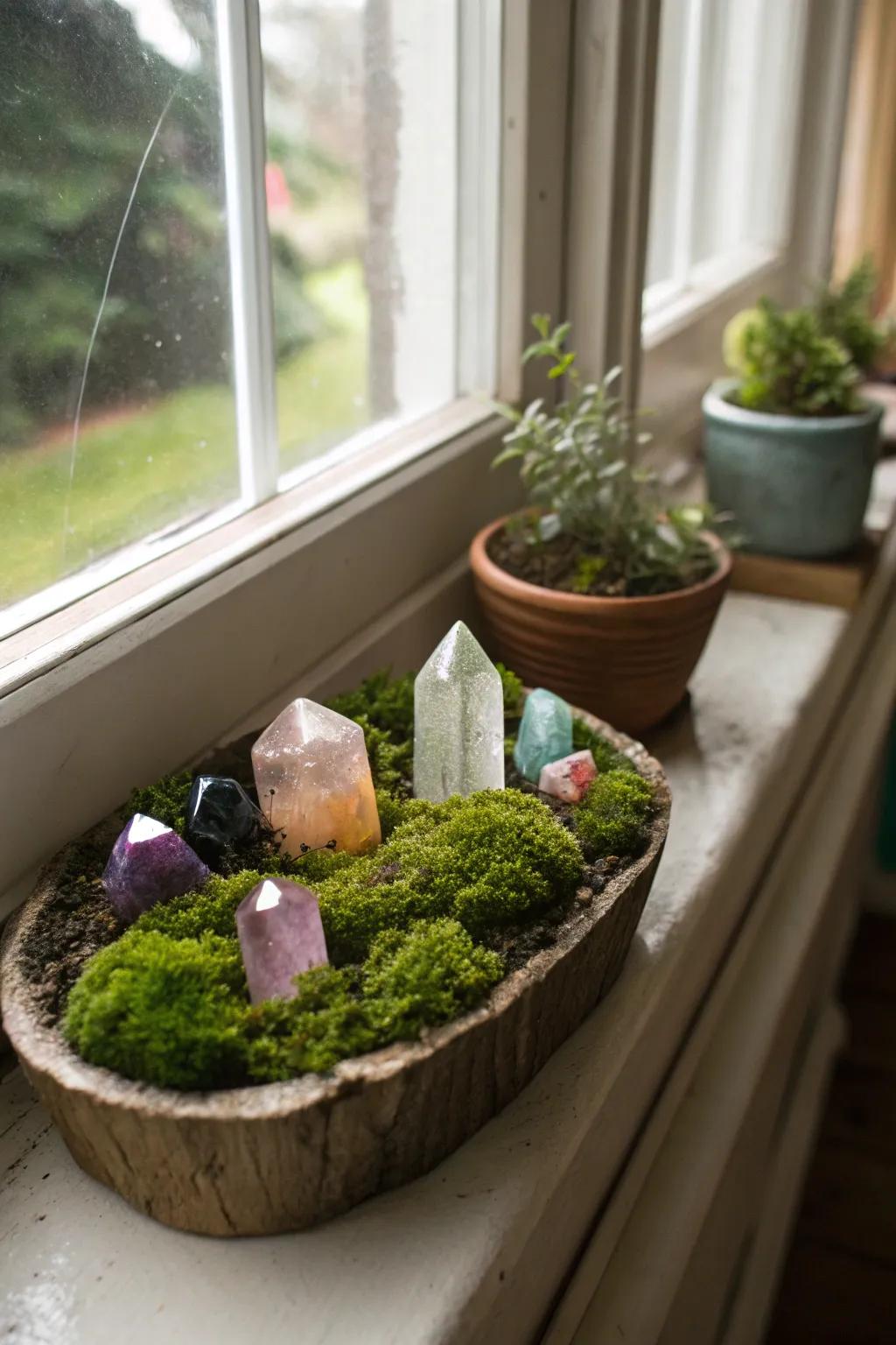 A windowsill transformed into an ethereal 'gemstone grove'.