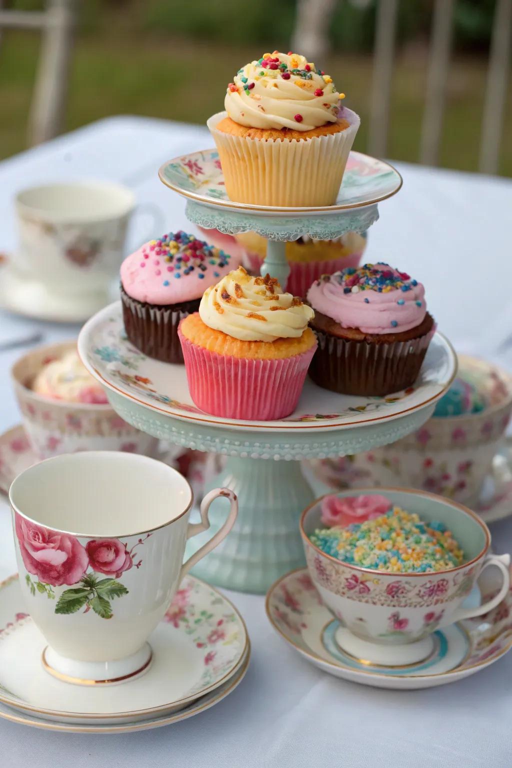 A fun cupcake display made with teacups and saucers.