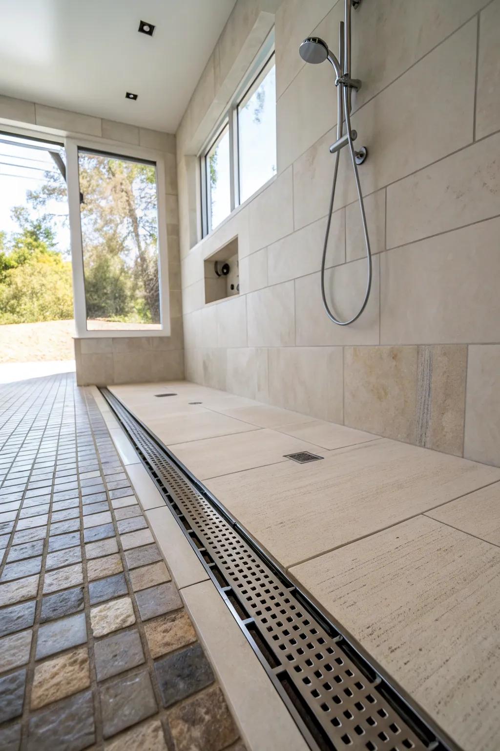A channel drain complements the sleek, modern design of this shower.