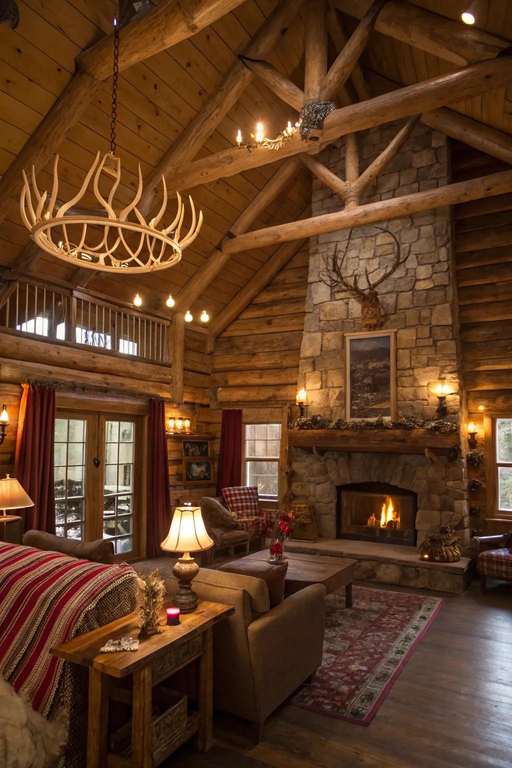 Horns as curtain rods create a distinctive, country essence.