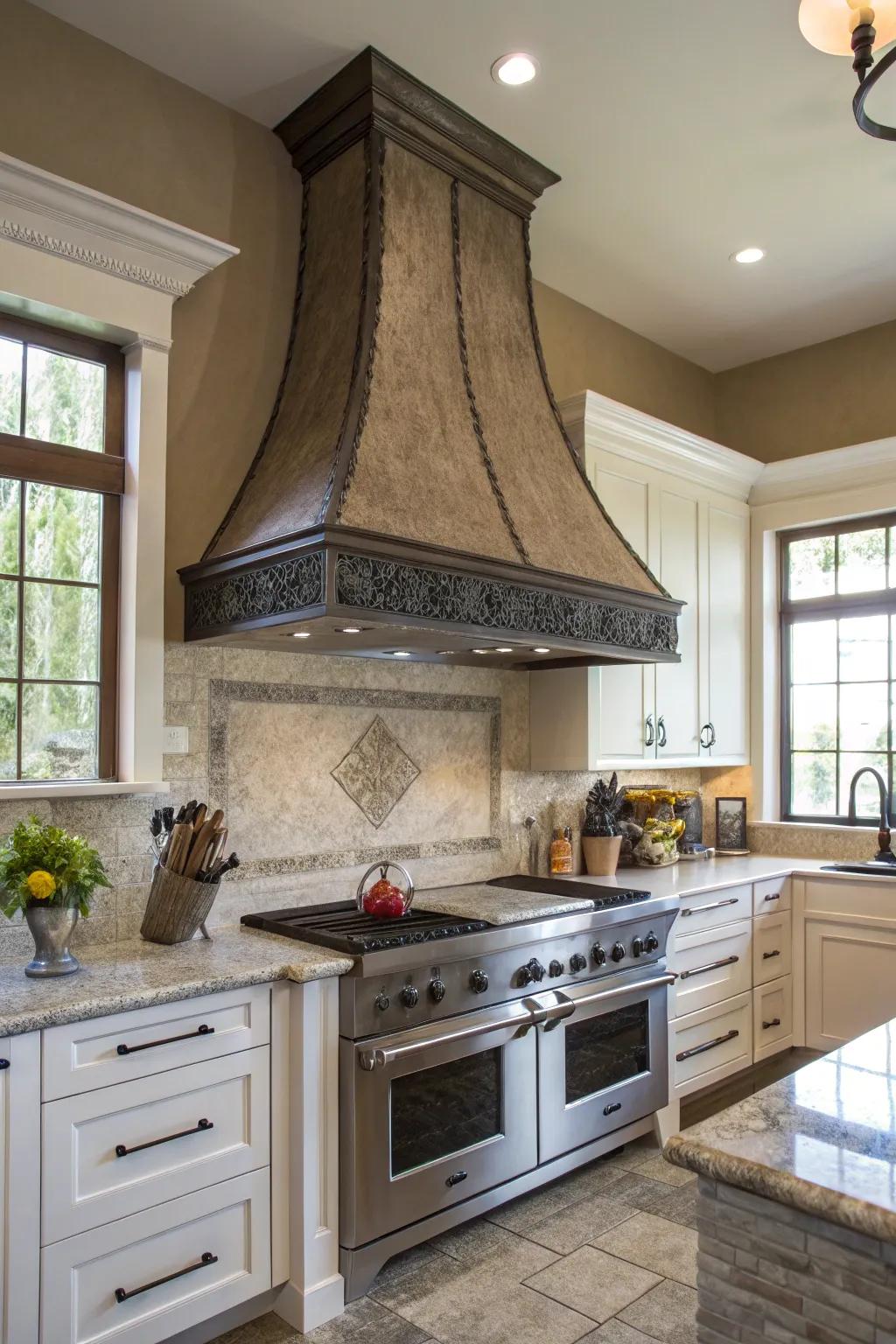 Artistic range hoods transform kitchens into art spaces.