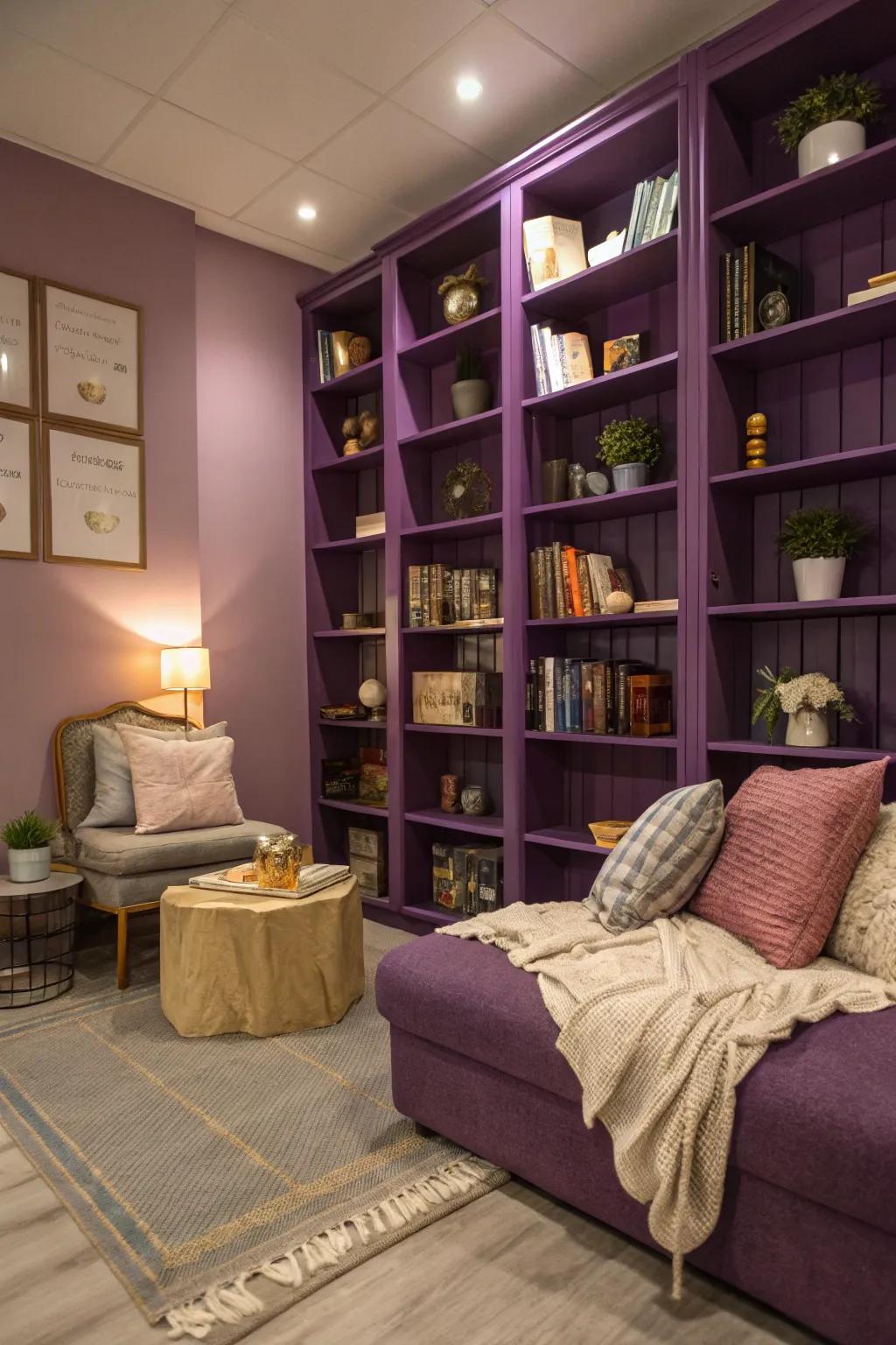 Purple bookshelves showcasing style and function.