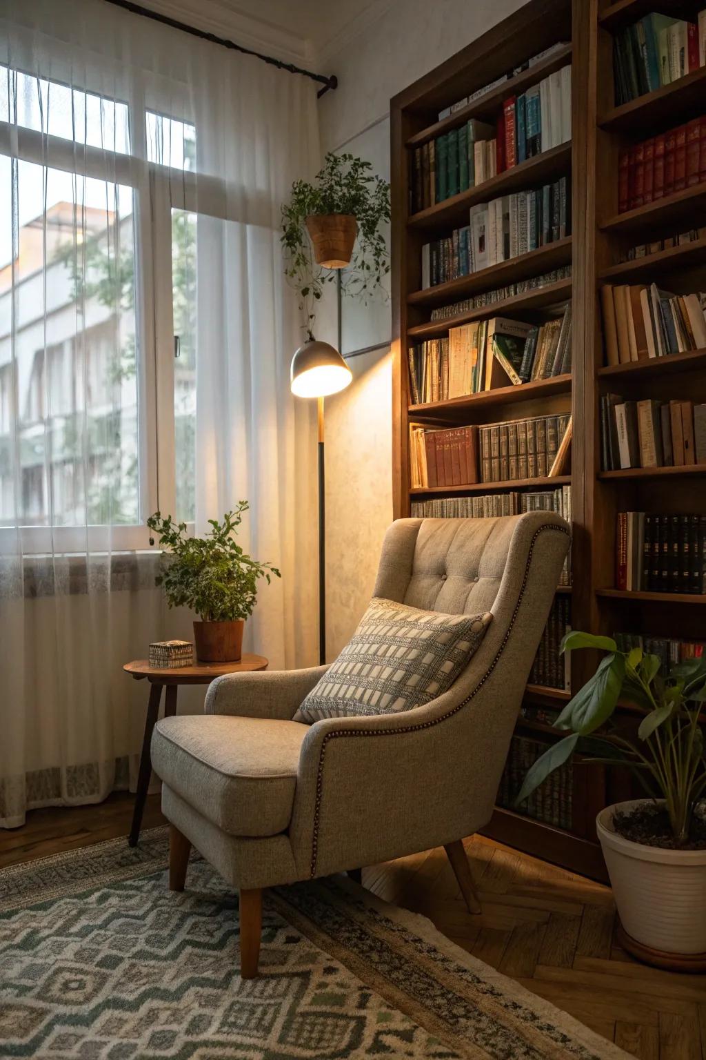 A reading spot provides a personal escape for unwinding.