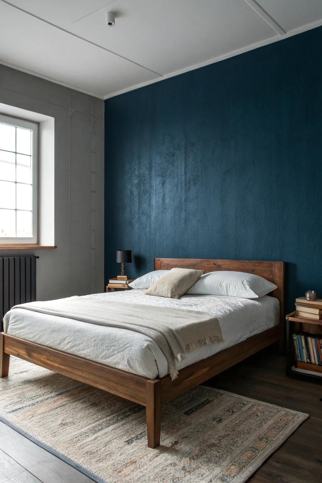 Minimalist deep indigo wall coverings delivers a serene backdrop.
