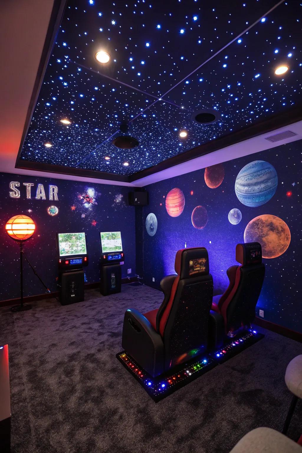 A space-themed blueprint transports your gaming space to a cosmic dominion.