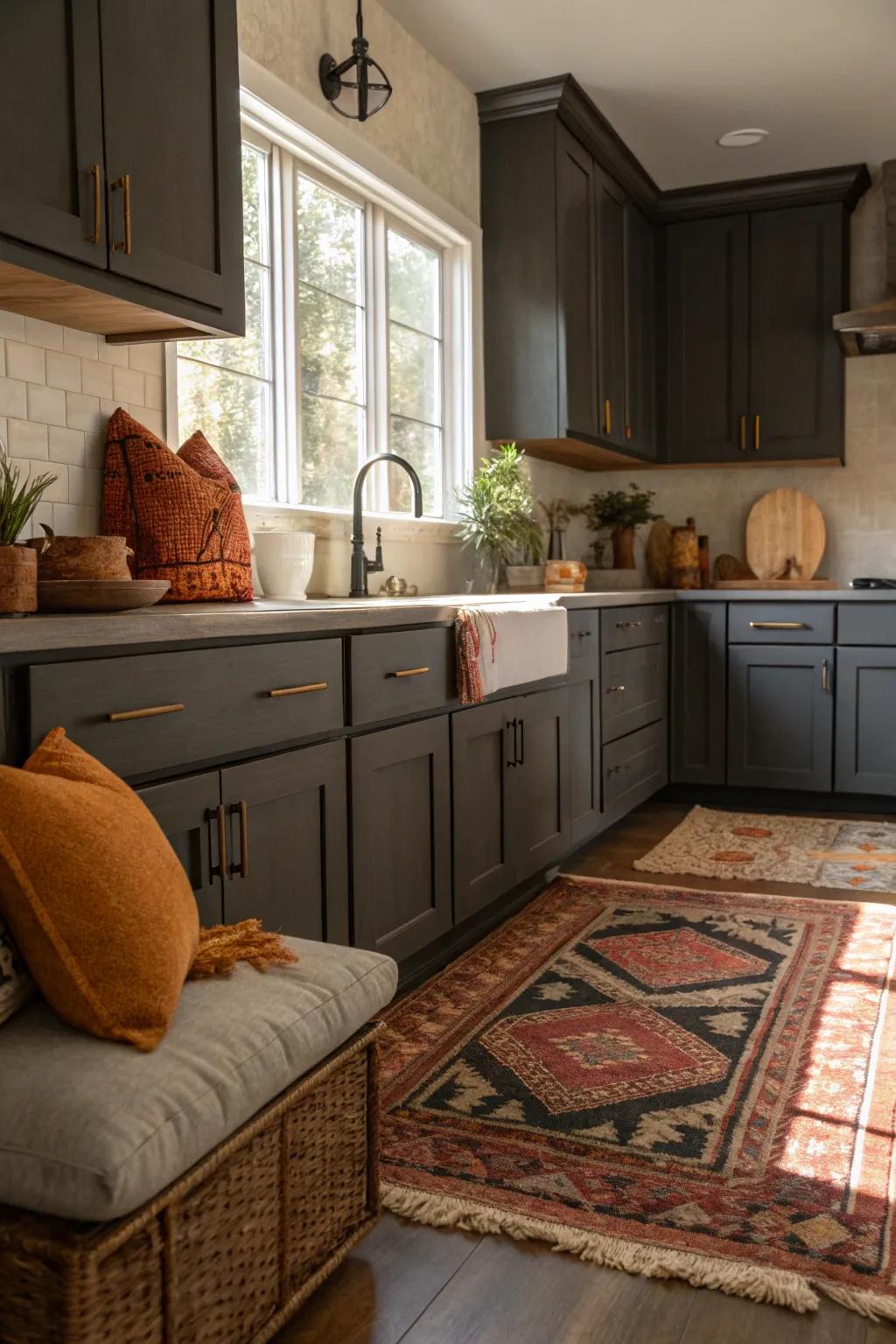 Warm accents harmonizing with the cool tones of deep charcoal cabinets.