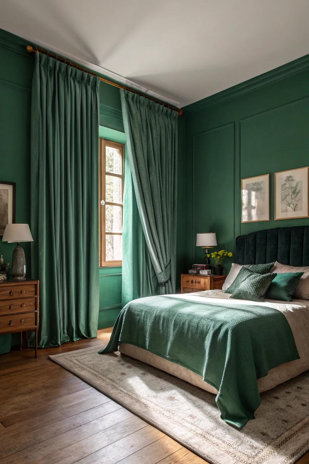 A bedroom with jade verdant drapery and shadowy jade walls delivering elegance and intimacy.
