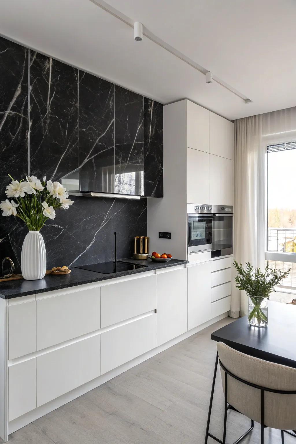 A kitchen design showcasing a luxurious ebony granite backsplash and minimalist design.