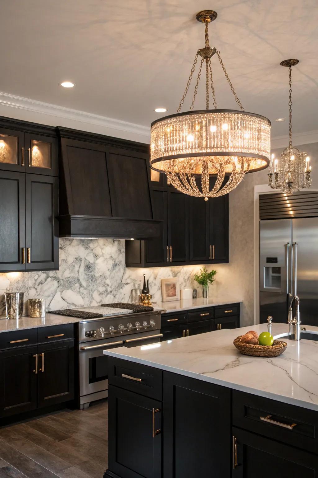 A statement chandelier introduces style and illumination to the kitchen.