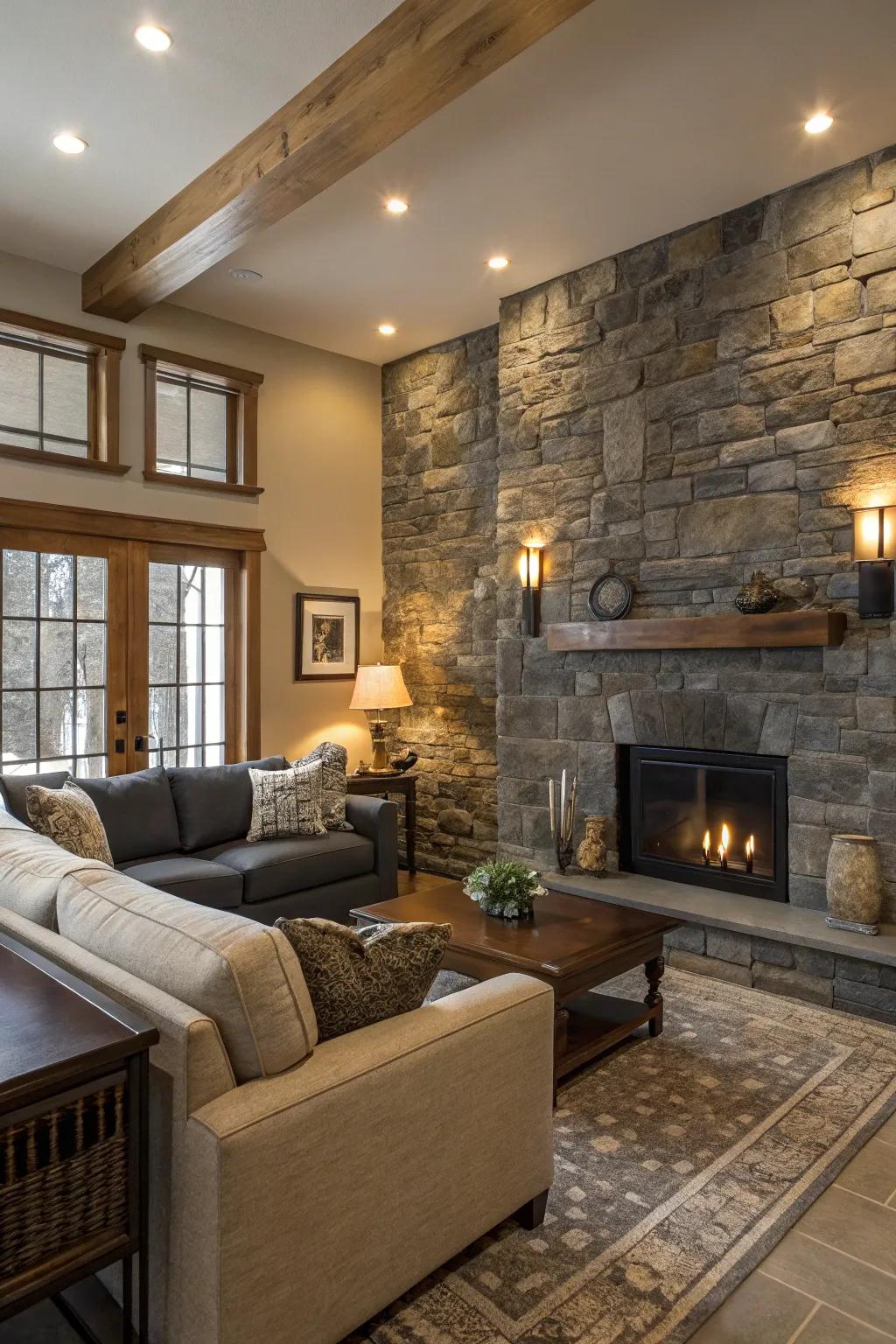 A sophisticated living space featuring slate and stone elements.