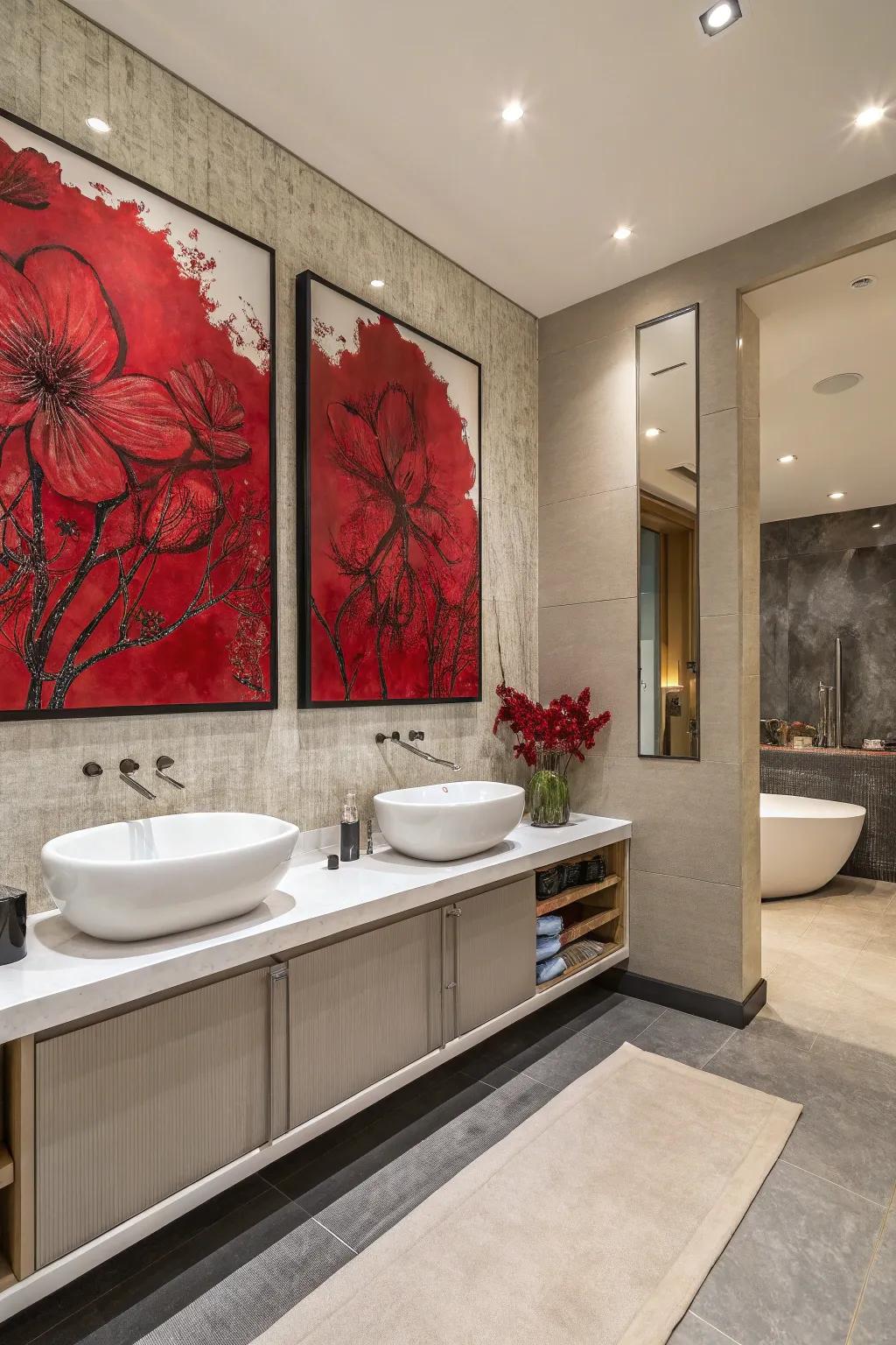 Statement crimson artwork delineates and personalizes your restroom.