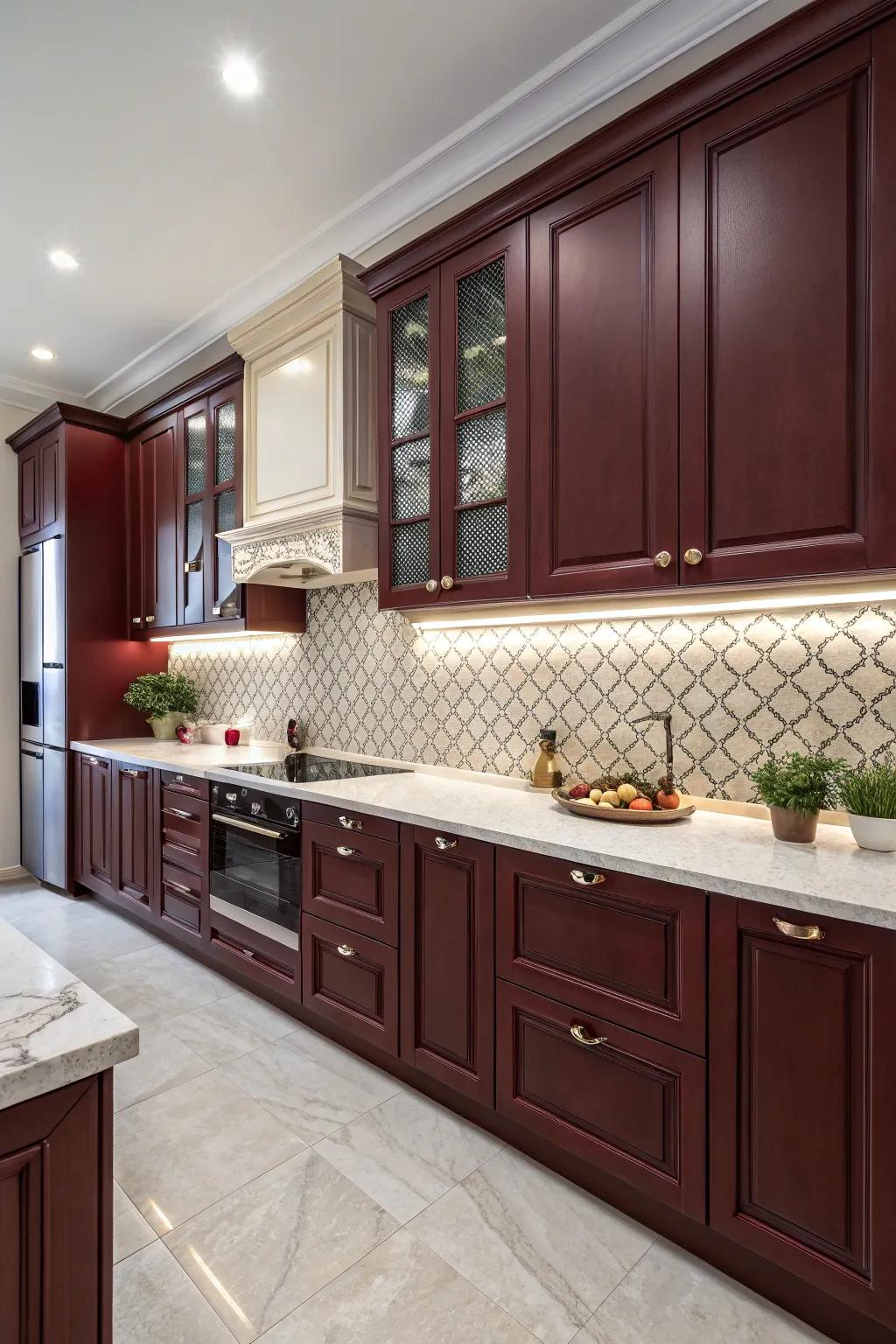 Striking kitchen showcasing a dramatic backsplash and dark red cabinets.