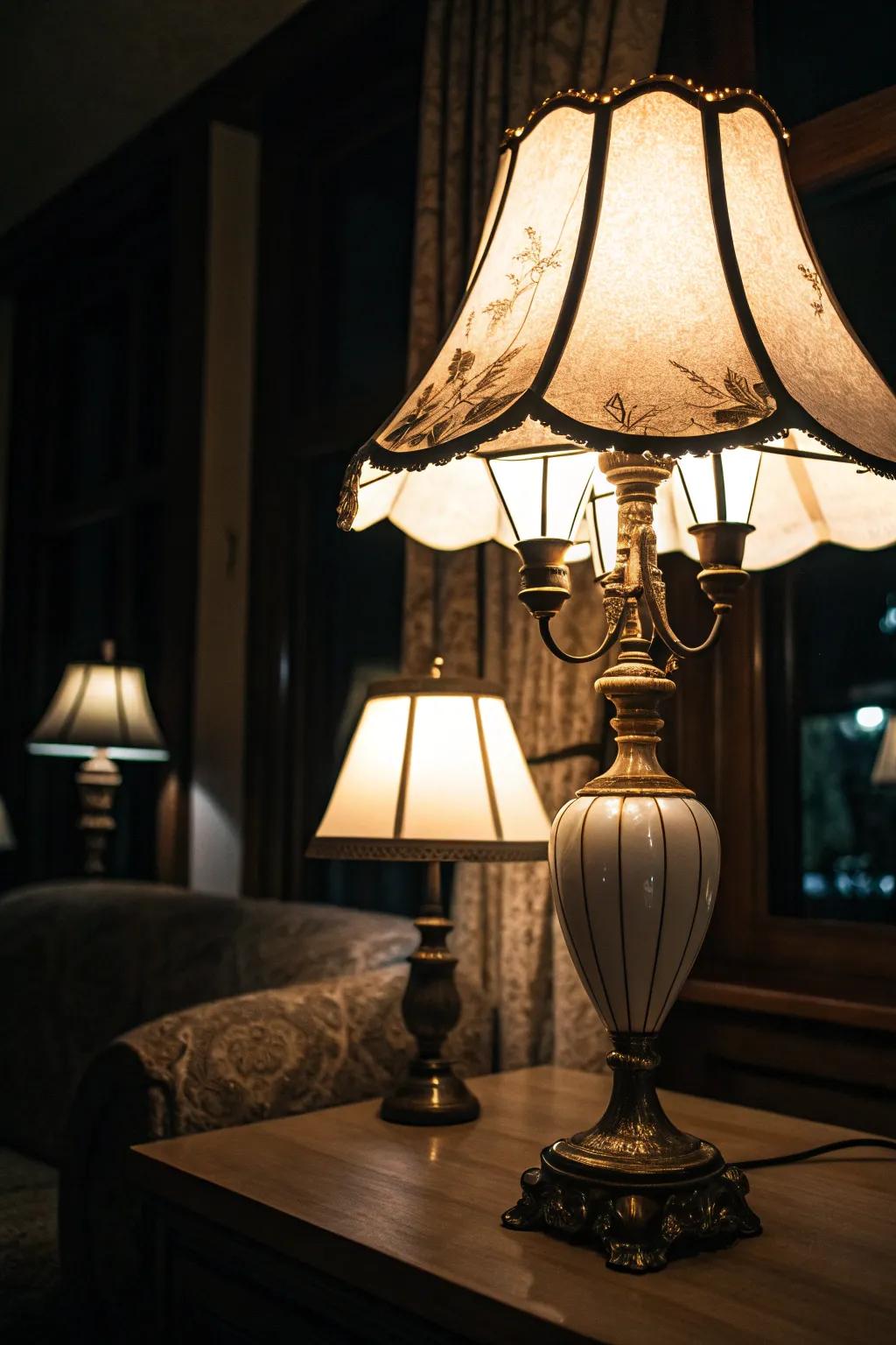 A lamp equipped with soft white bulbs, illuminating a dimly lit room.