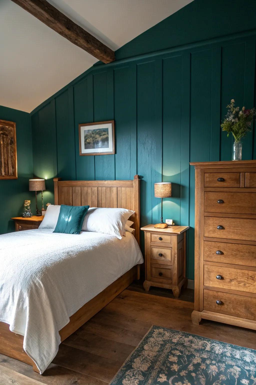 Timber features inject warmth into a teal bedroom.
