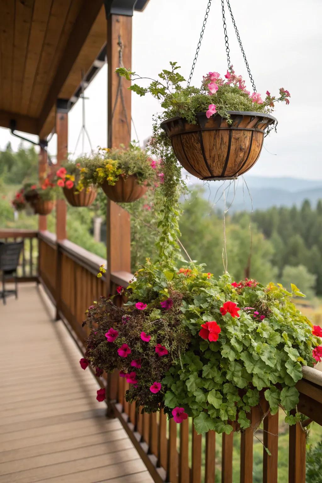 Suspended baskets append greenery and conserve ground expanse.