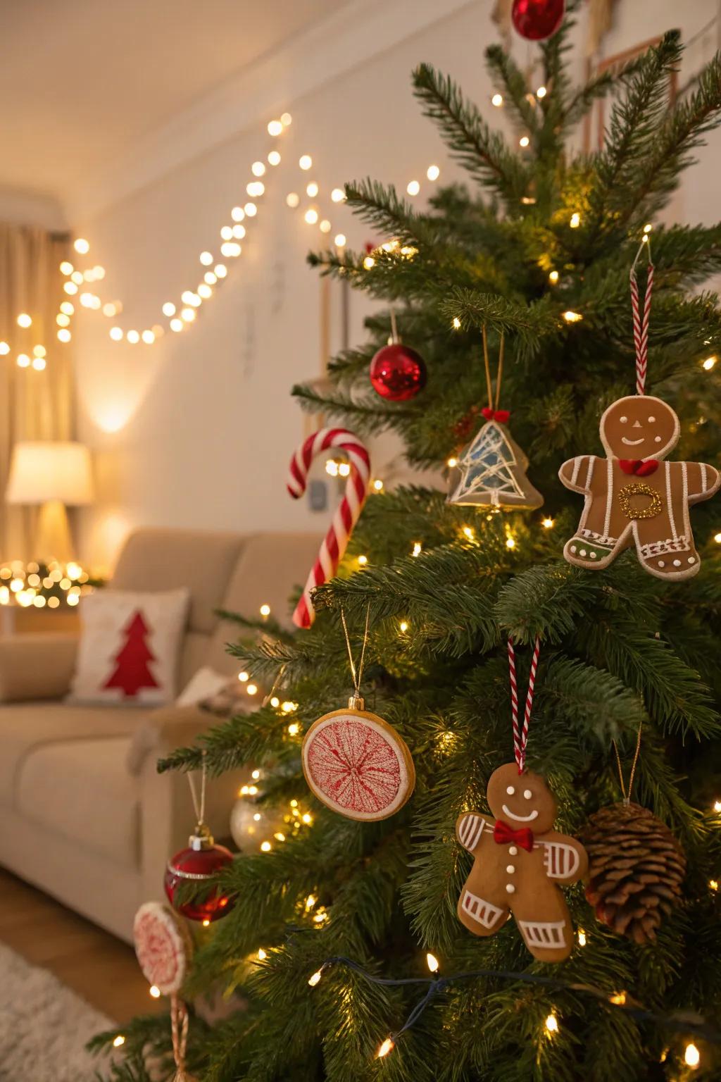 A gingerbread fairyland Christmas tree showcasing warm illumination and sugary embellishments.
