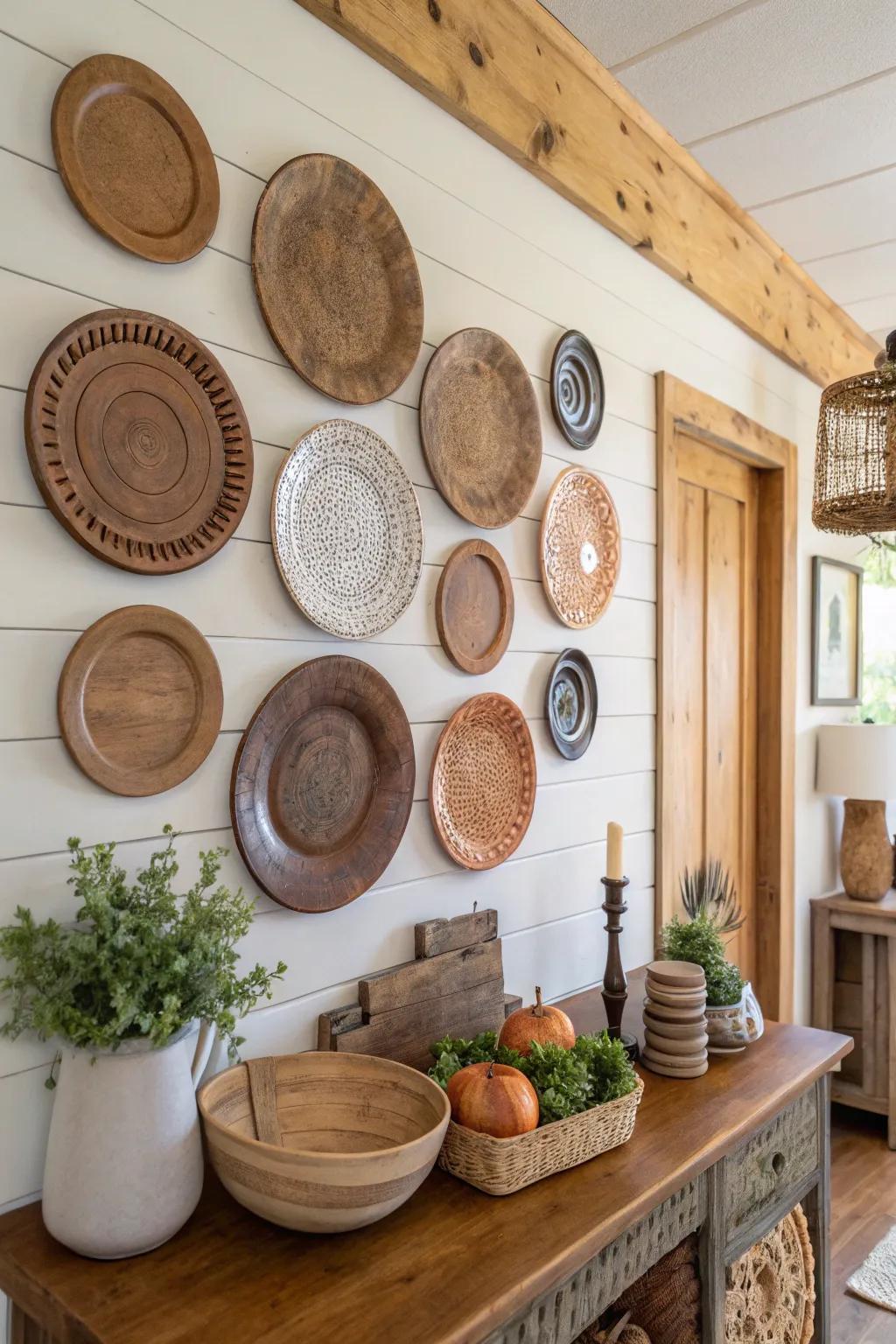 Rustic plates paired with wooden ornamentation fashion a snug ambiance.