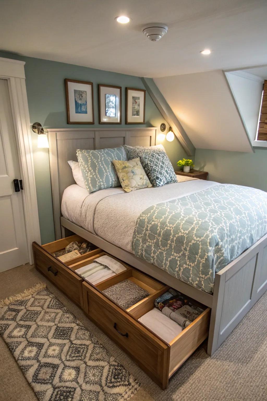Hidden storage drawers keep a compact bedroom tidy.