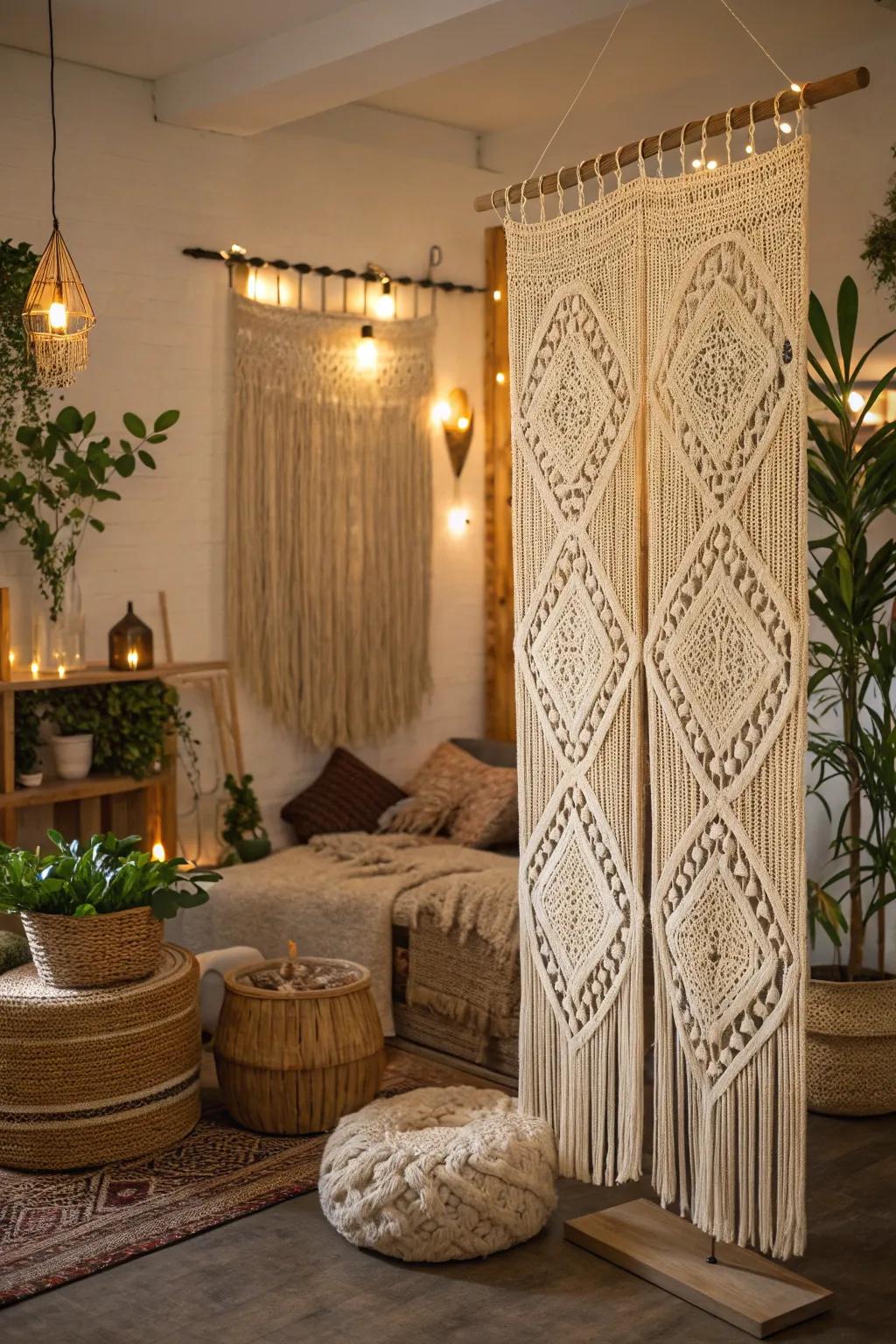 Macramé dividers add bohemian flair and texture.