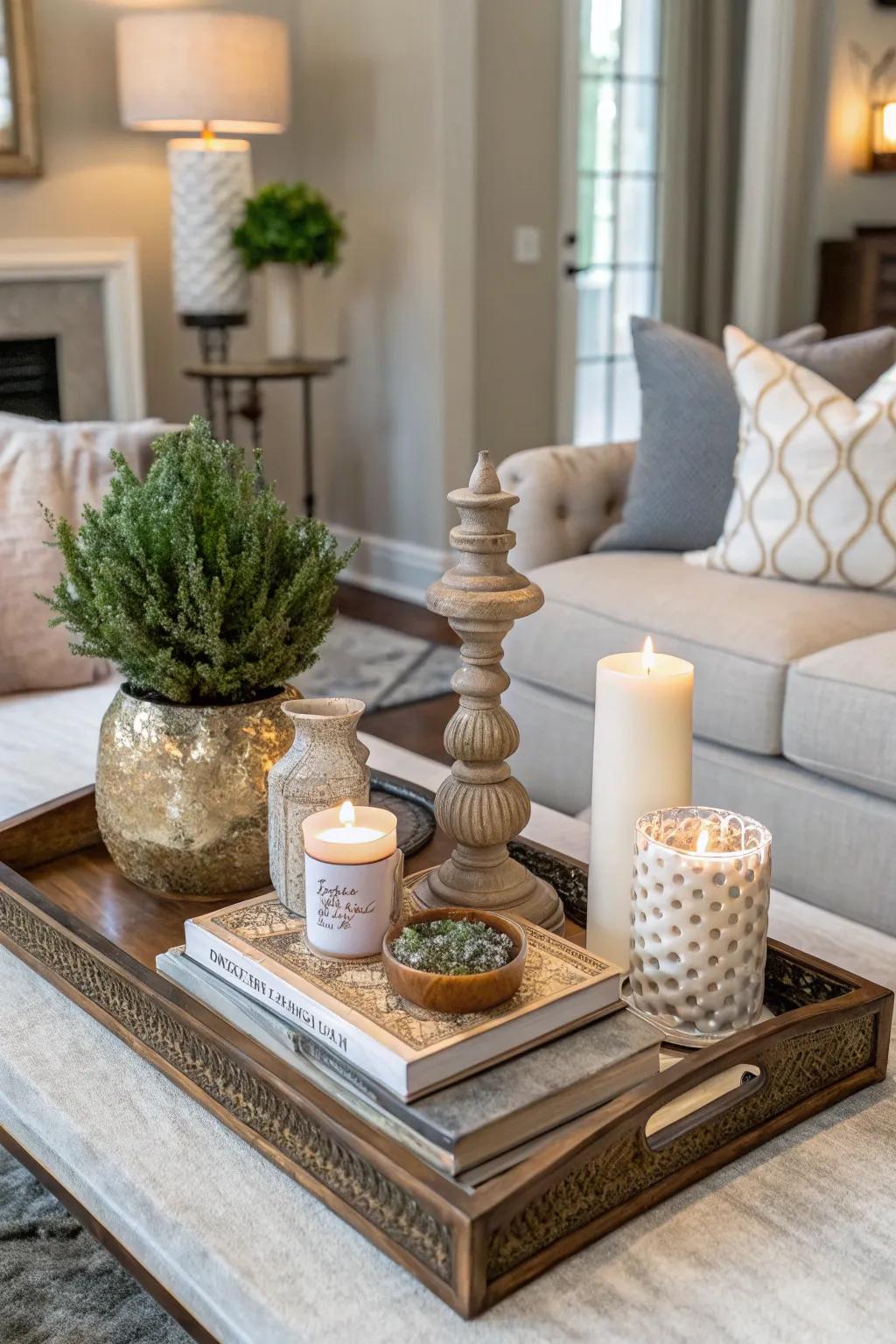 Layered styling using different heights on a decorative board.