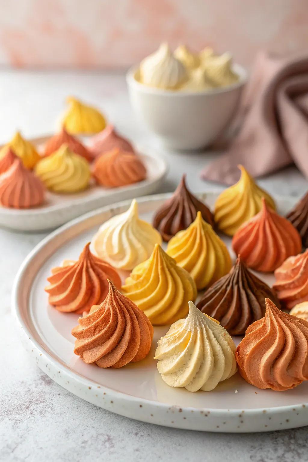 Miniature foam sweets in soothing shades such as tangerine, aureate, and chestnut.