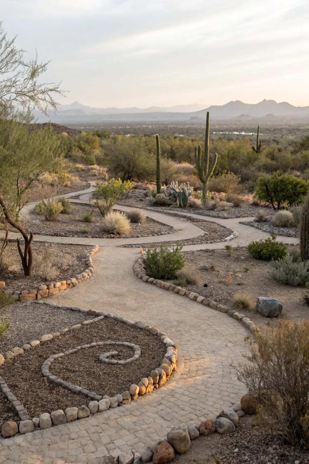 Gravel in diverse sizes defines pathways and planting zones.